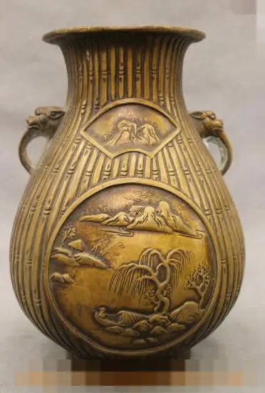 

S01384 Folk Chinese Bronze Landscape Painting Lion Head Statue Bamboo Shape Vases Pot B0403