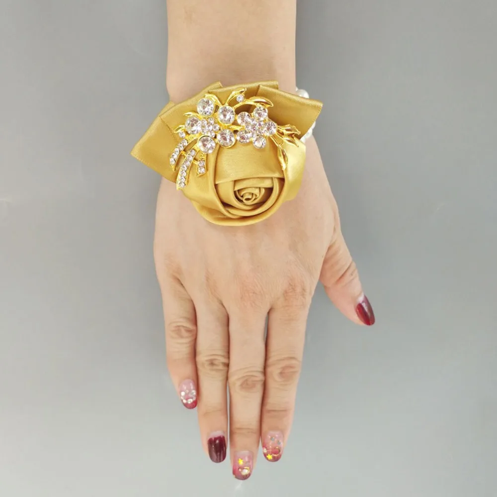 

4piece/lot Handmade simulation golden wrist flower groom bride boutonniere jeweled crystal bling Wrist corsage 001-G