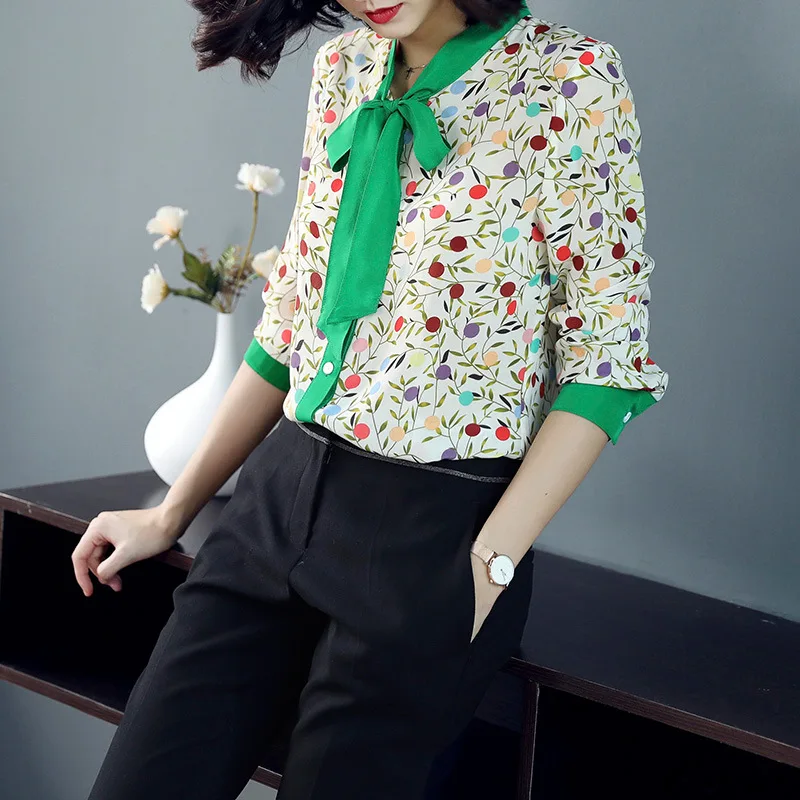 Новая весенняя и Летняя женская Высококачественная шелковая блузка с принтом однобортные офисные женские Роскошные Рубашки 18015