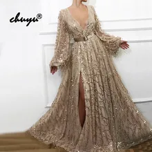 Дешевое вечернее платье для мусульманских женщин блестки кружевной Фонарь рукава разрез vestido de festa ислам Дубаи Саудовская арабское вечернее платье для выпускного вечера