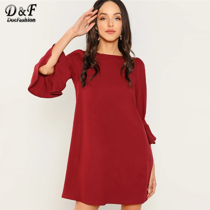 

Dotfashion Burgundy Bell Sleeve Tunic Dress Womens Clothing 2019 High Quality Casual Summer Plain Flounce Sleeve Straight Dress