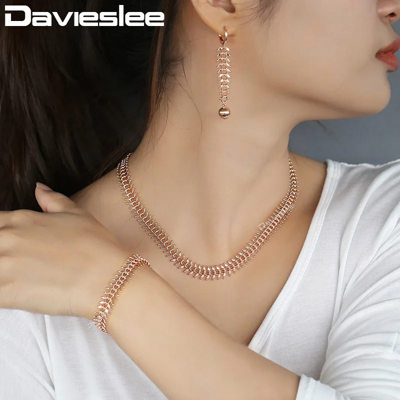 Davieslee Jewelry Set For Women 585 Rose Gold Centipede Link Chain Necklace Bracelet Earrings Woman Dropshipping 10/14mm DCSM01