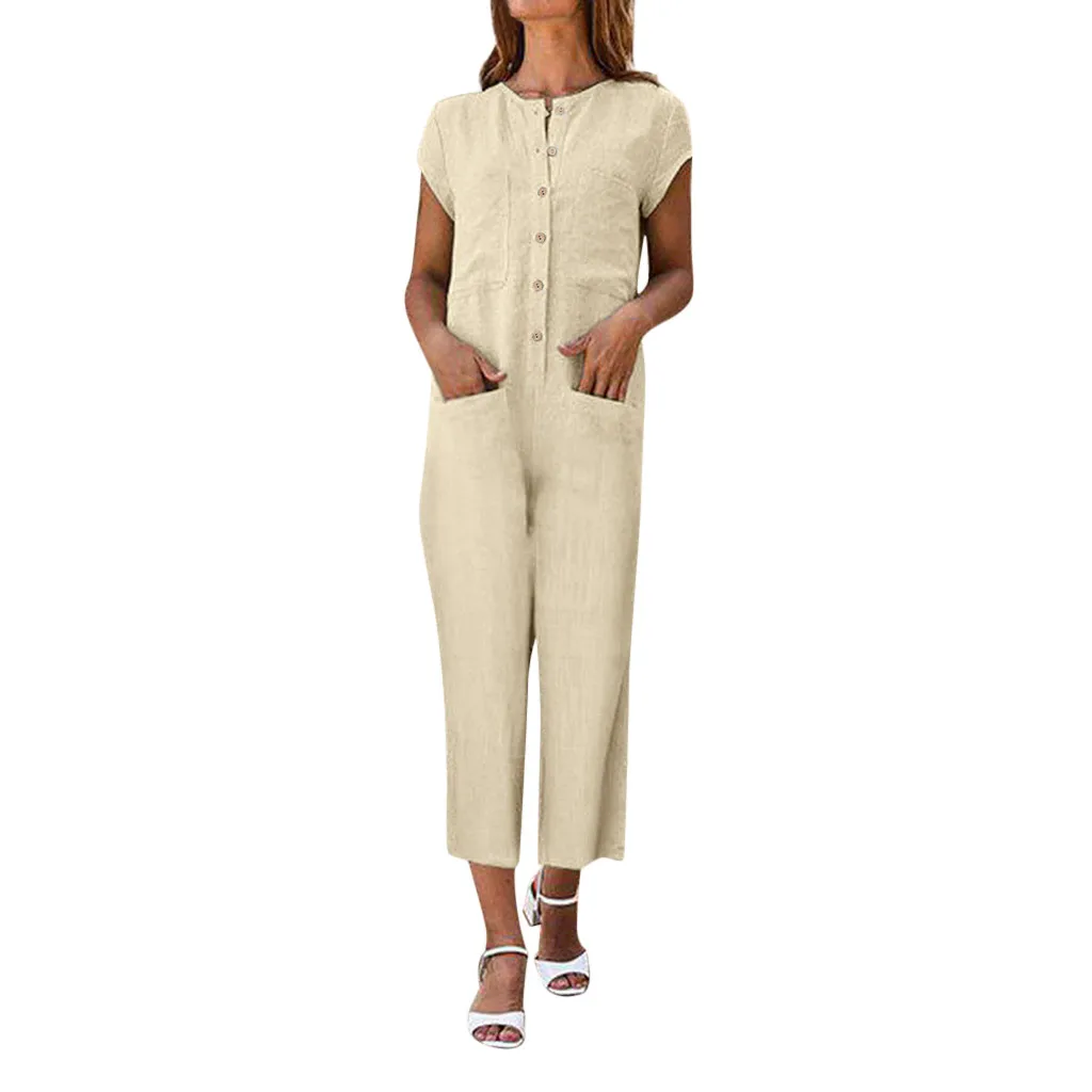 

2019 Summer jumpsuit Fashion Women Linen Loose V-Neckline Solid Romper Short Sleeve Casual Pockets Button Jumpsuits L404A
