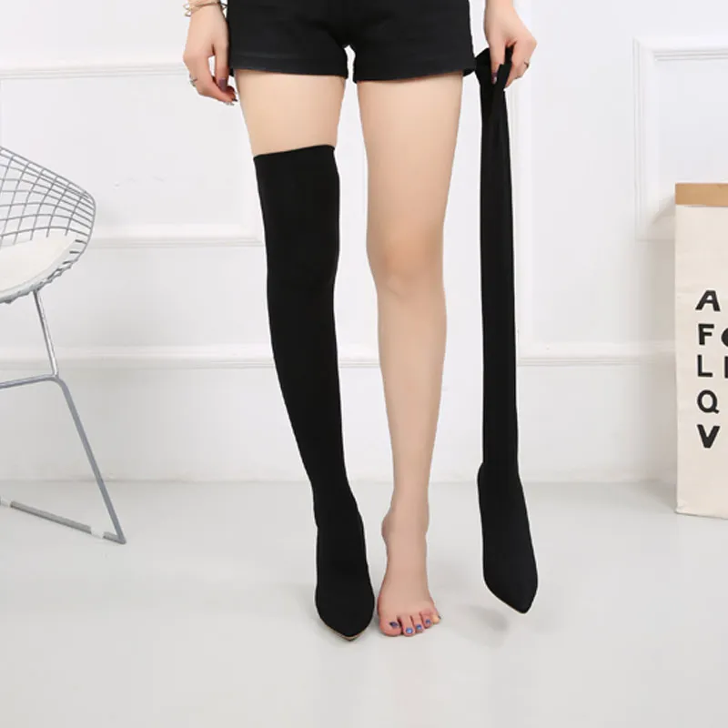 Autumn New Over The Knee Boots Women Elastic Sock Thigh High Boot Ladies Stretch Fabric Pointed Toe High Heels Shoes WB1393