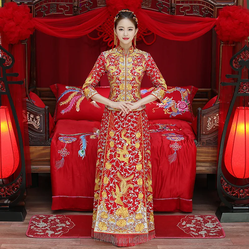Платье с драконом, свадебное платье невесты, китайский стиль, костюм, Феникс, чонсам, вечернее платье, одежда для шоу, тонкий стиль для свадьбы
