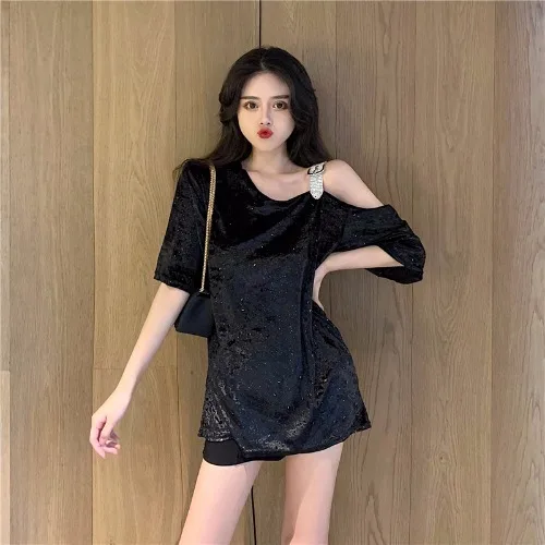 black Футболки женские летние Ulzzang Skew воротник вне плечо элегантный женские свободные Ретро Твердые корейский стиль Bling футболка женская простая - Цвет: black