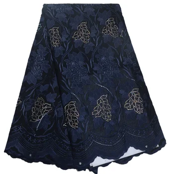 

10 colors High quality navy blue African Swiss voile lace fabric with embroidery and rhinestones for party dress CLP349