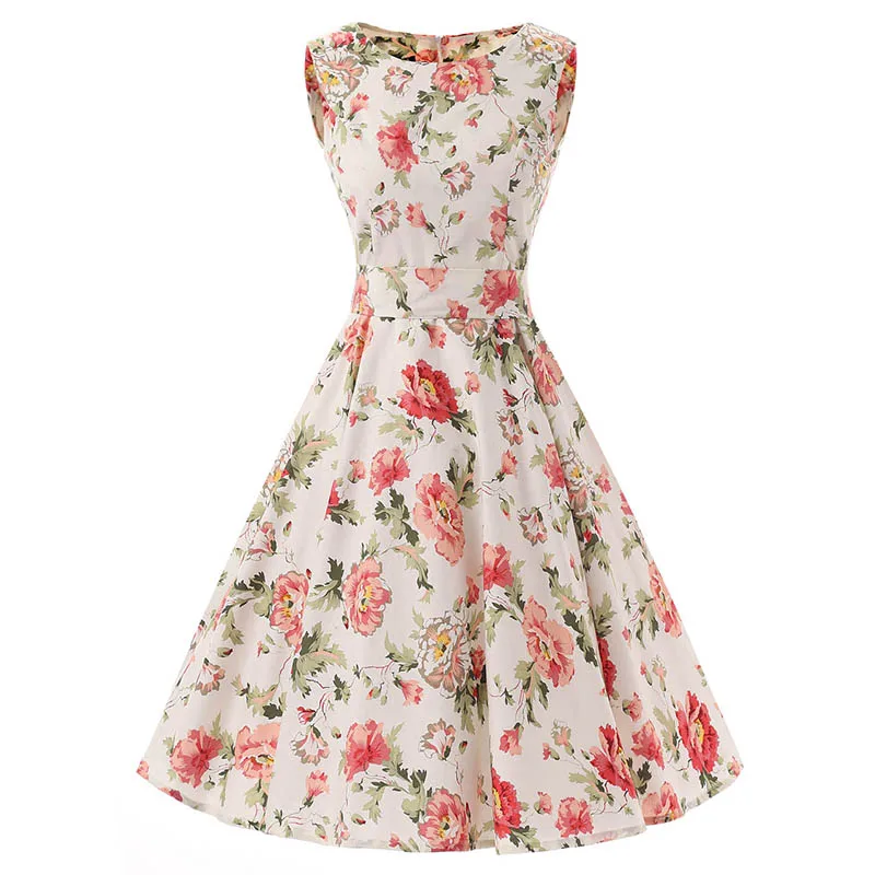 Kostlish Elegant Print Flower Summer Dress Women 2017 Big Swing 50s Vintage Dress Cotton Sleeveless Rockabilly Dresses Sundress (3)