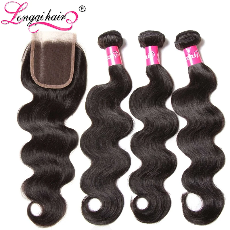 7A Peruvian Virgin Hair 3 Bundles With Closure Peruvian Body Wave Longqi Peruvian Virgin Hair With Closure Human Hair Weave Wavy