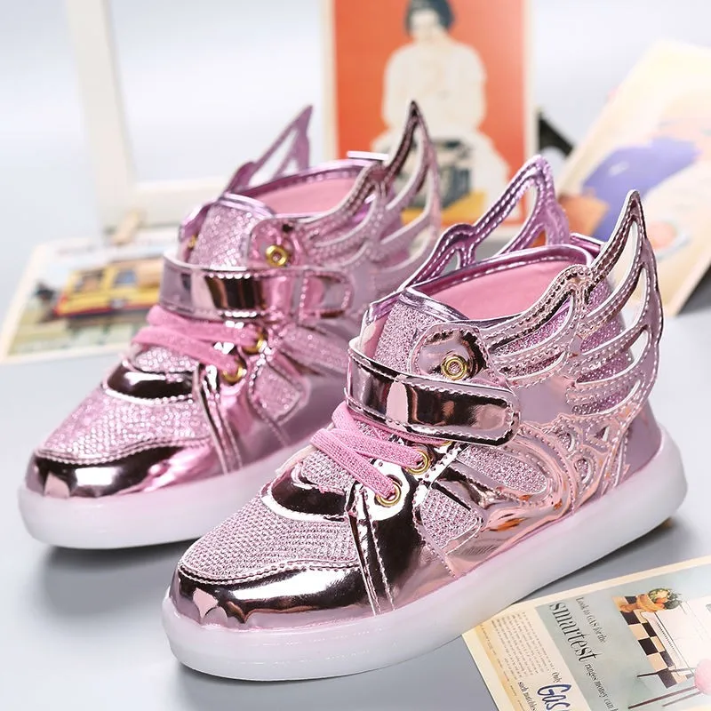 Lighted Shoes For Girls Boys Lovely Angel Wings Gold Hook LED shoes Solid hook Loop PU shoes for Spring Autumn Winter Christmas (1)