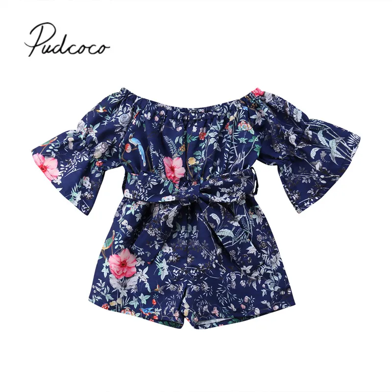

2018 Brand New Summer Toddler Infant Kids Baby Girls Off Shoulder Romper Flare Sleeve Jumpsuits Playsuit Trousers Floral Clothes