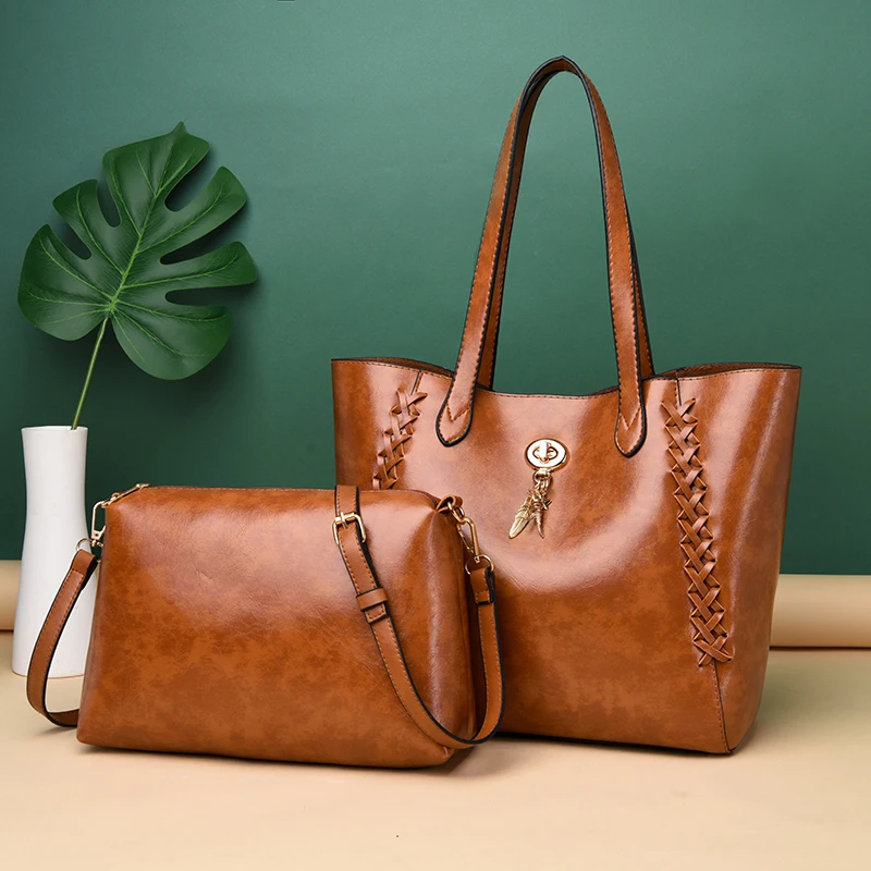 

Big Ladies Hand Bags Brown Luxury Handbags Women Tote Bags Designer Oil Wax Leather Bag Woman Winter Handbag Purse Set Sac Femme