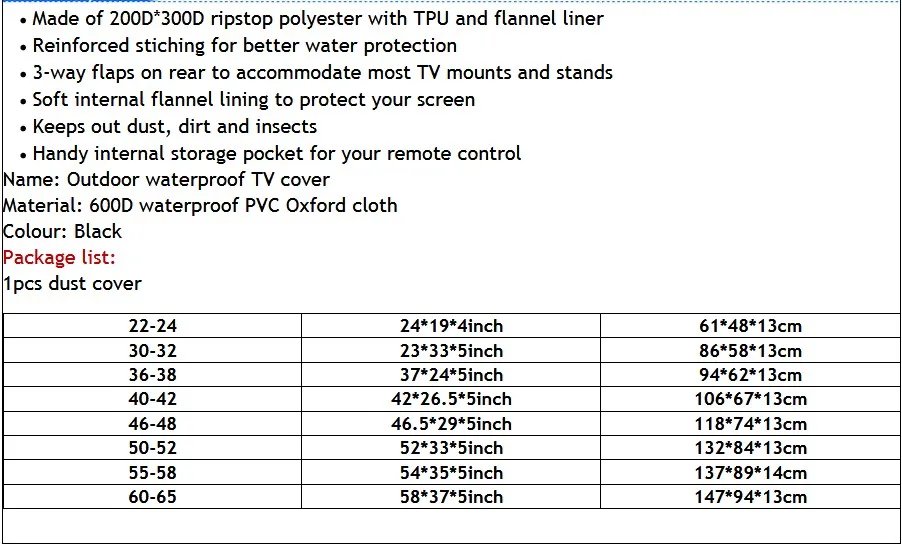 Уличный ТВ экран пылезащитный чехол черный ЖК-накладка в виде телевизора телевизор набор водяная пыль устойчивая Защита сумка 2" 38" 4" 48" 5" 65 дюймов