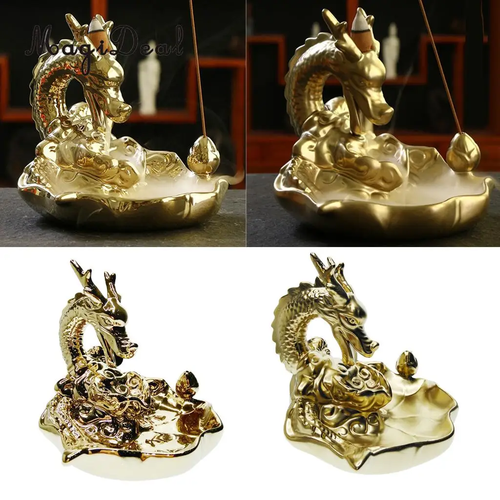 Incense Cones Ceramic Gold Dragon Incense Burner Smoke Backflow Waterfall Art Crafts Incense Cone Furnace