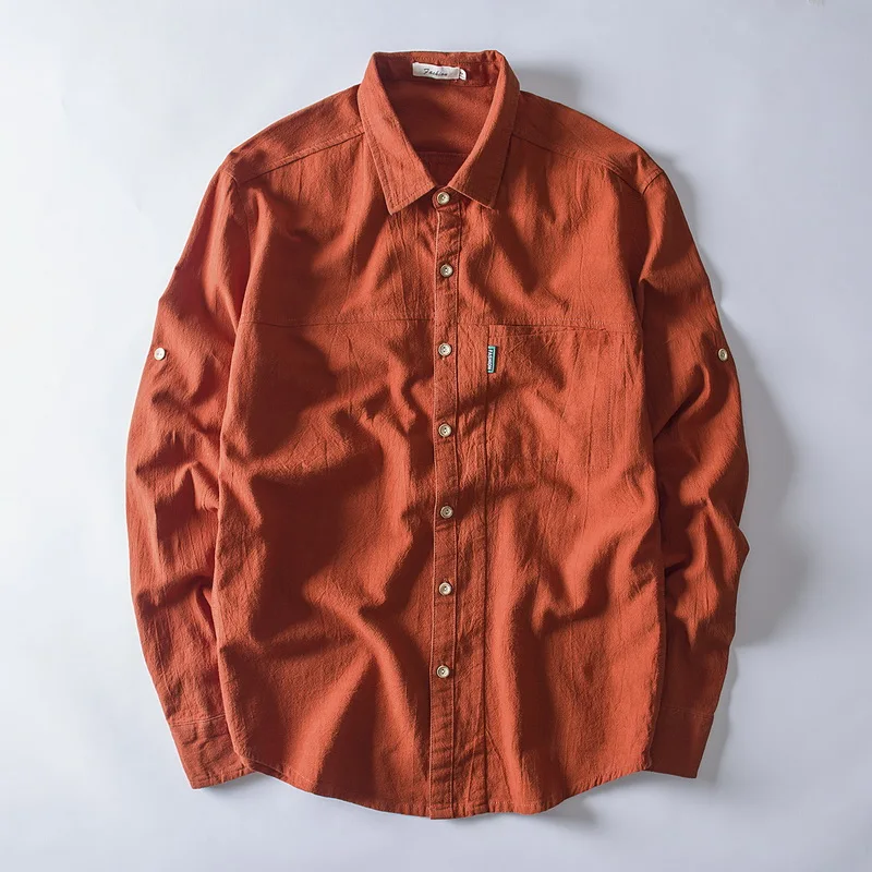 

2018 New long sleeve linen shirts men casual fashion orange red shirt mens plus size 4XL autumn shirt male overhemd chemise