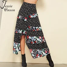 Женская длинная юбка с оборками Jessie Vinson, черная юбка из хлопка, с цветочным принтом в стиле бохо, пэчворк, асимметричная юбка для пляжа и отдыха