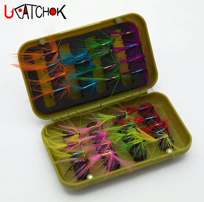 

32pcs/box Dry Fly Hooks Tackle Tool Kits Fishing Trout Flies Carbon Steel Butterfly Style Fish Lures Plastic BOX Hooks SET gear