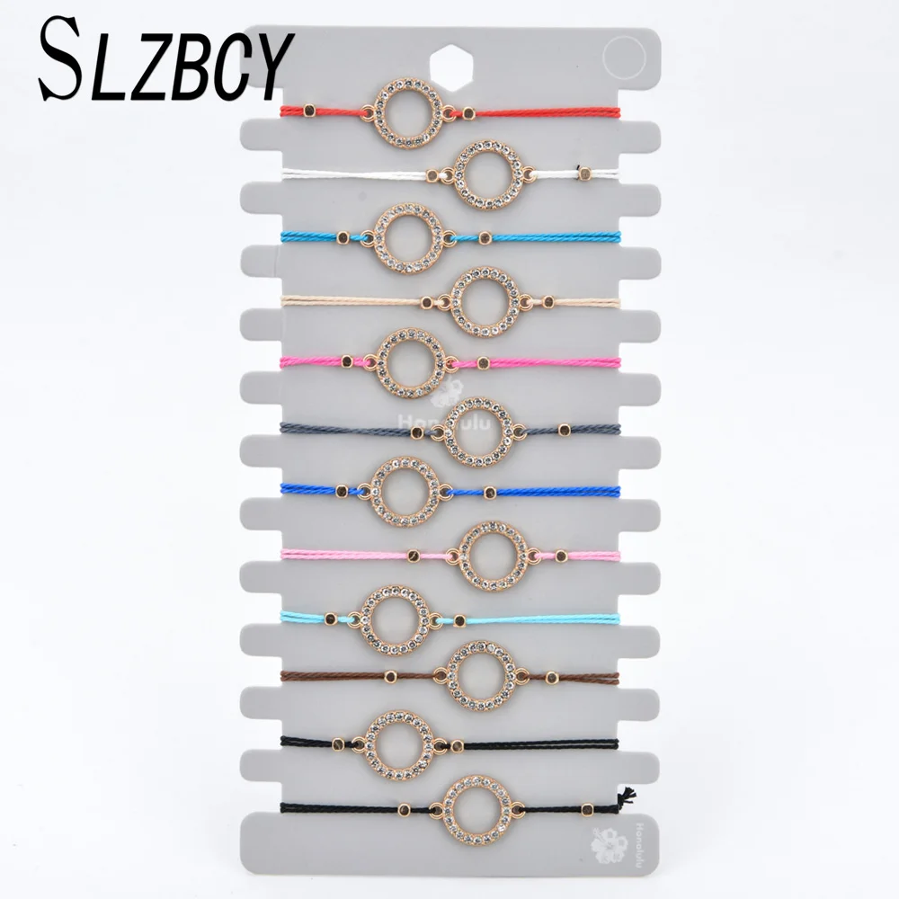 

SLZBCY Full Rhinestones Round Charms Bracelets Bangles Handmade Adjustable Braided Bracelet For Women Girls Party Jewelry 12PCS
