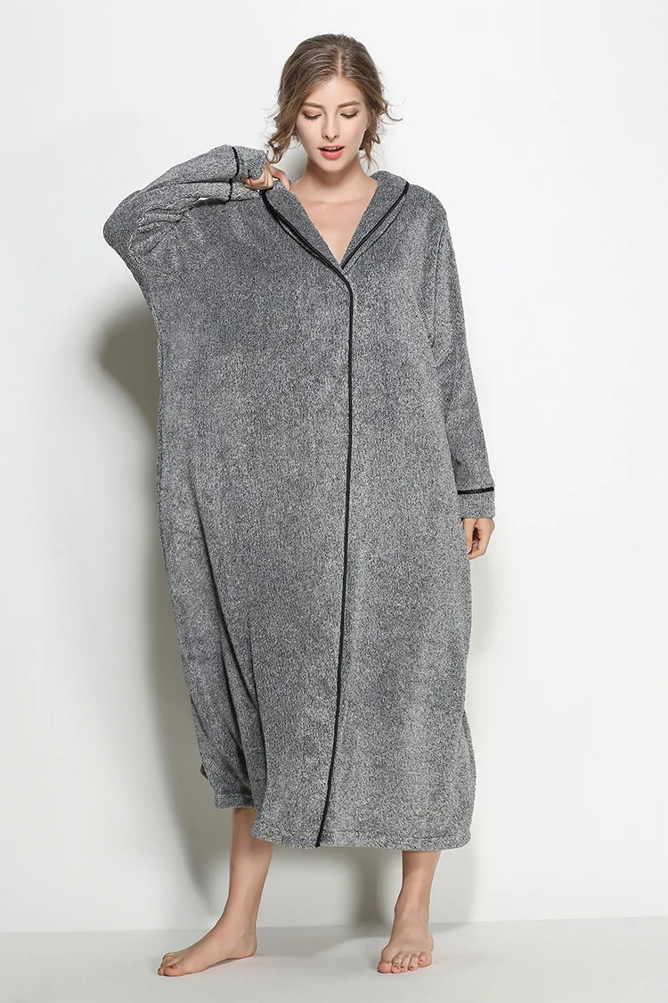 New Gray Coral Fleece Nightdress Women Long Robes Winter Plus Size Home