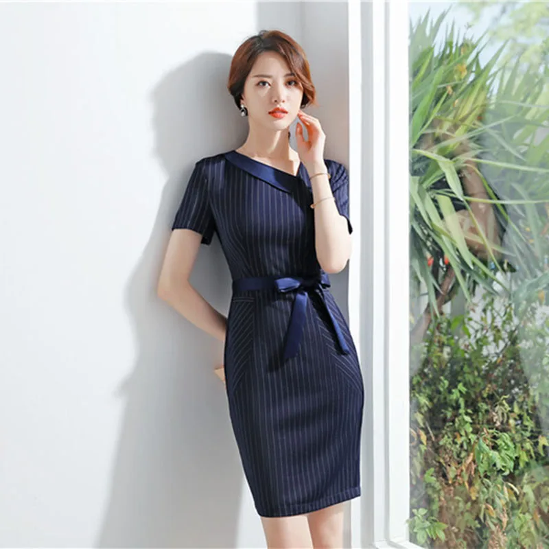 women work wear Women's  stripe business dress knee short-sleeved with ribbon belt drop shipping