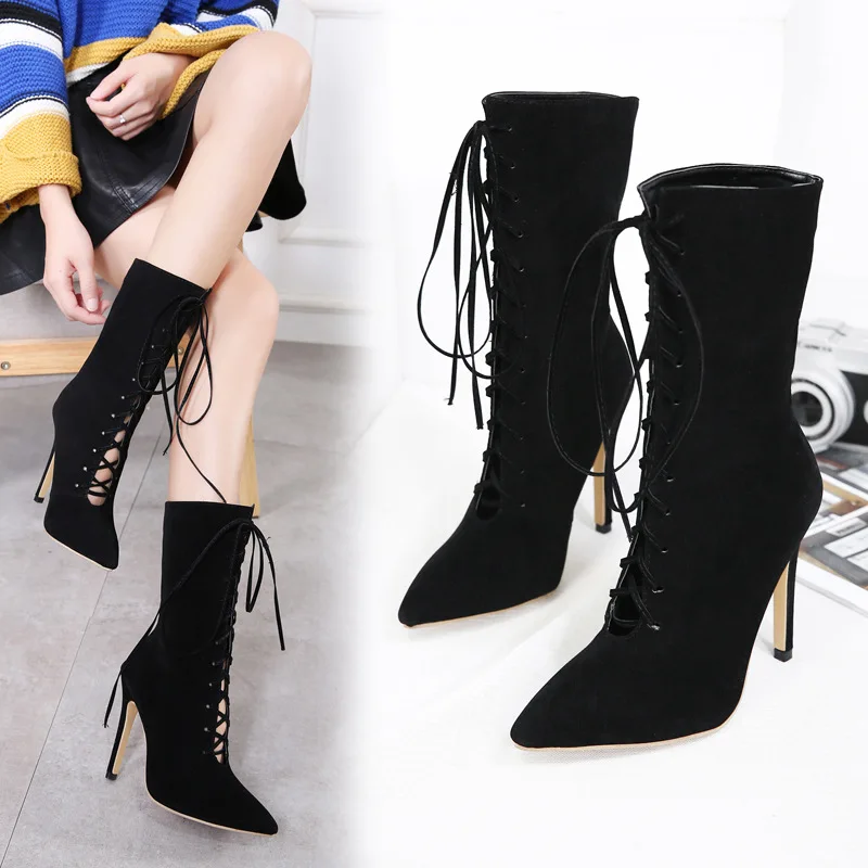 

NEW women fashion mid calf boots for spring autumn pointed toe high heel cross tied black solid shoes lady lace up thin heels