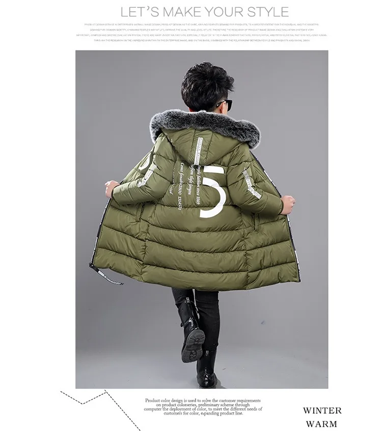Children Winter Warm Jackets Boys Big Fur Collar Hooded Cotton Jacket Children Casual Thickenging Outerwear Coats