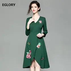 Европейский дизайнерское платье 2018 осенне-зимний стиль Для женщин v-образным вырезом милые бабочки цветочной вышивкой трапециевидной