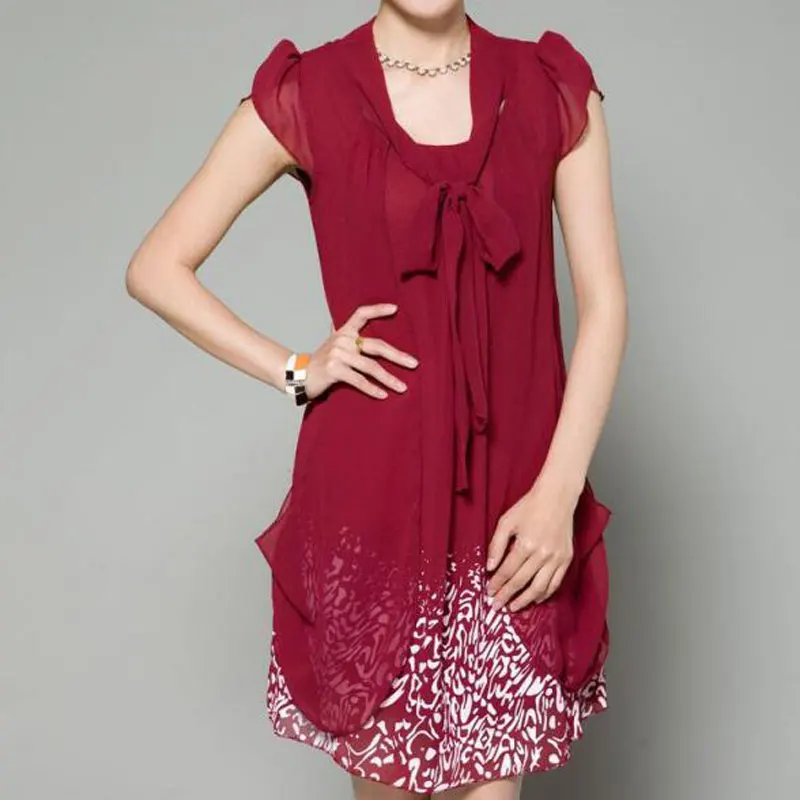 

Large Size Middle-Aged Women Dress Short Sleeve Round Neck Chiffon Women Dress False Two Pieces Fashion New Summer Dress QH0100