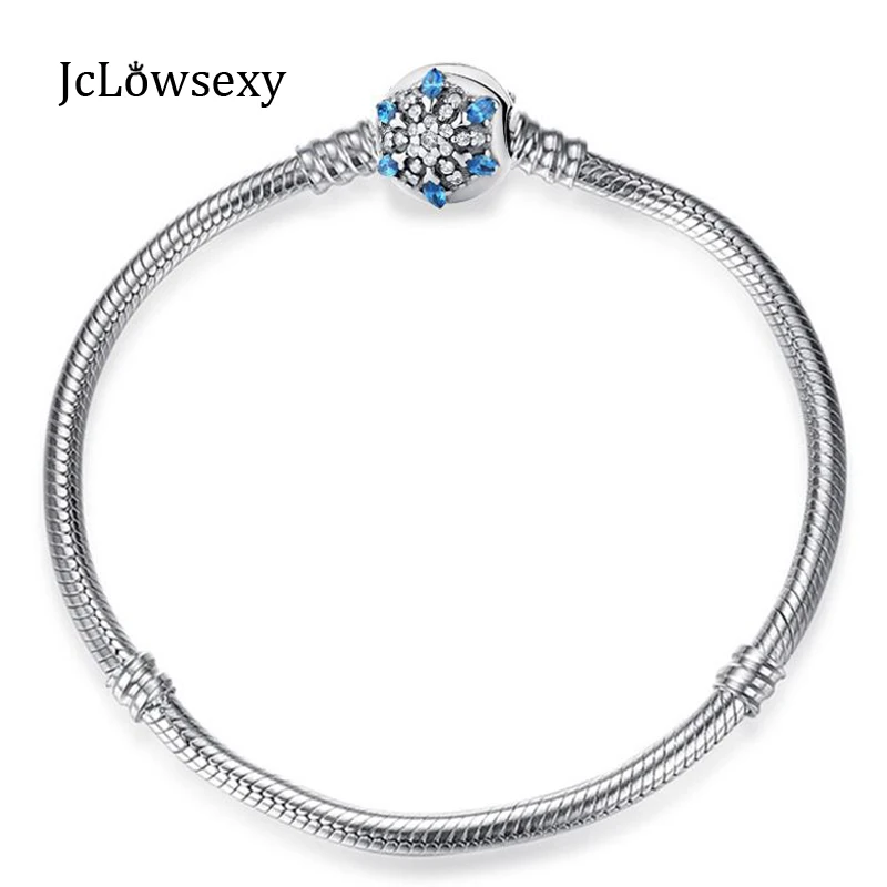 

New Authentic 925 Sterling Silver Crystal Snowflake Clip Blue Clear CZ Snake Chain Basic Bracelets Fit Pan DIY Women Jewelry