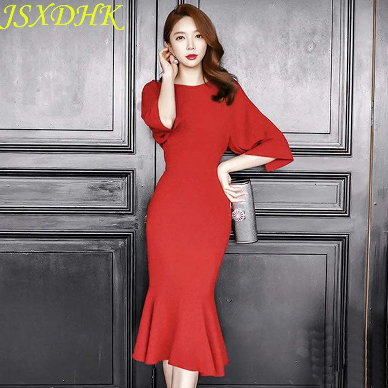 JSXDHK New Women Red Sheath Mermaid Party Dress Fashion Summer Half Sleeve Ruffles Office Lady Bodycon Slim Midi Vestidos
