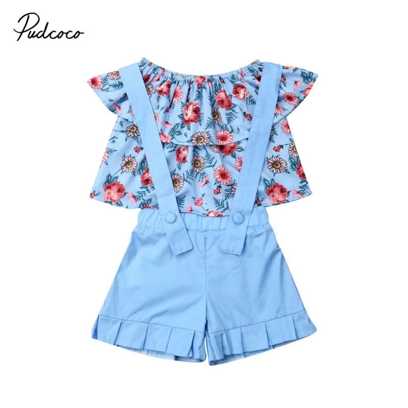 

2019 Brand 2PCS Kids Baby Girl Flower Off-Shoulder Tops Blouse+Ruffle Bib Shorts Outfits Set Casual Clothes