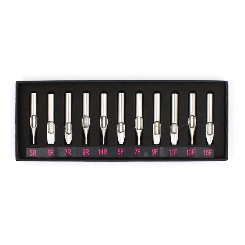 11PCS Tattoo Stainless Steel Nozzle Tips Tubes Set Kit Box Round Flat Tattoo Tips Mixed For Needles Machine Grip Supply