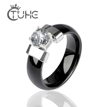 

New Black Ceramic Wedding Ring 6MM Width White Bling Plus Cubic Zirconia For Women Delicate Cabochon Smooth Engagement Rings Men