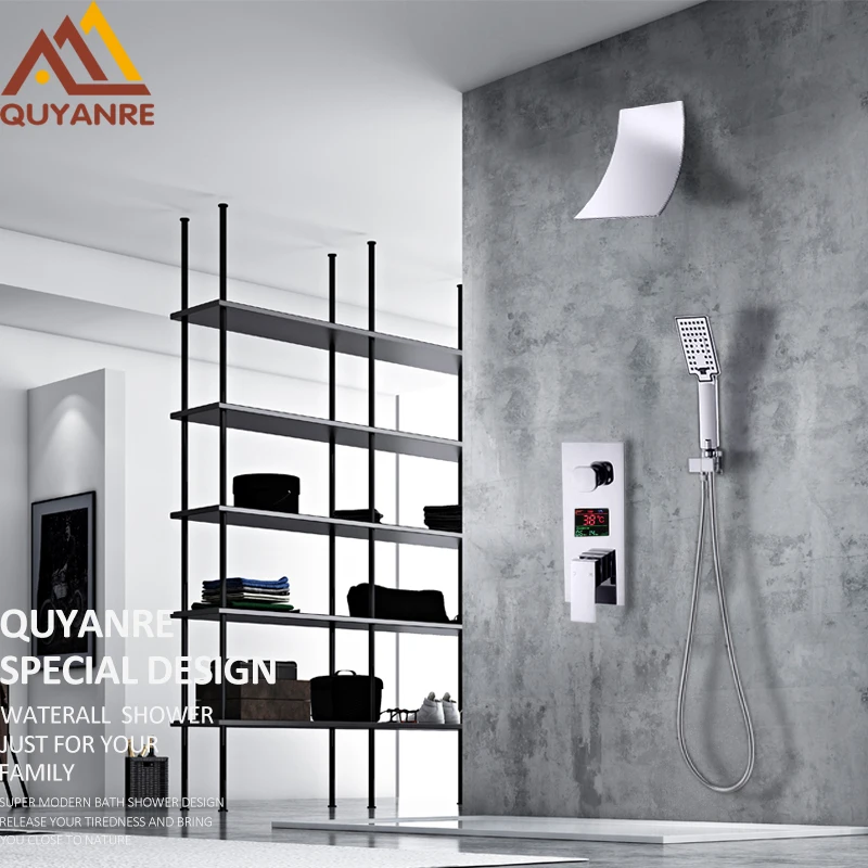 quyanre wanfan frap two function concealed shower faucets set waterfall shower head 3-way handshower digital display mixer tap bathroom shower faucets