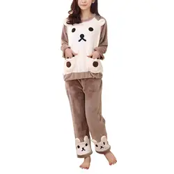 Осень-зима Для женщин Sleepwears теплые фланелевые пижамы комплект пижамы симпатичный медведь топ с длинными рукавами и штаны Повседневная