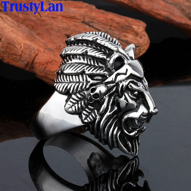 

TrustyLan Stainless Steel Lion Heads Rings For Men Allergy Free Punk Rock Jewelry Non-Mainstream Cool Men's Ring Party Gift 12