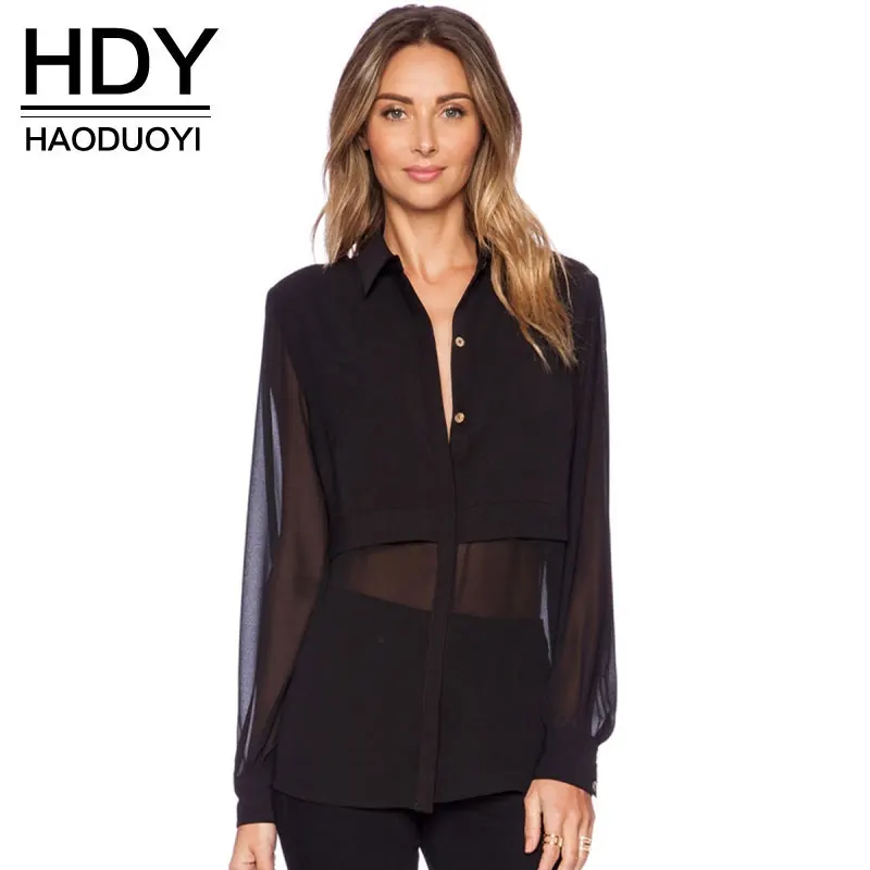 Acheter HDY Noir Sheer Blouse Femmes Manches Longues Maille Blouses Tops 2018 Mode En Mousseline de Soie Blusas Sexy Contraste Unique Poitrine Chemises