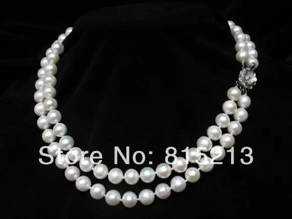 

S125 stunning necklace 2 strands white freshwater pearl round beads silver clasp (B0409)