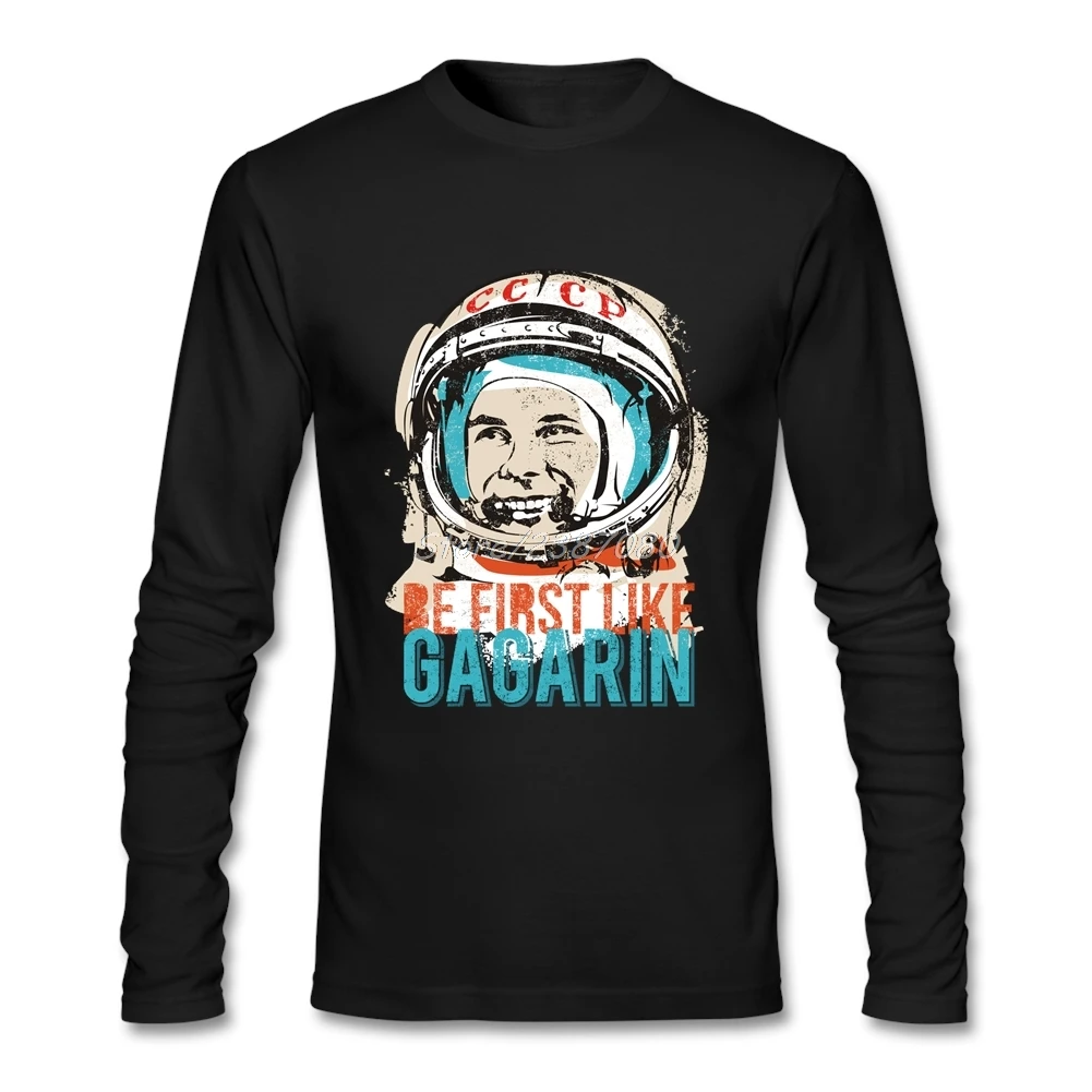 Россия CCCP Yuri Gagarin Мужская футболка быть первым как Гагарин футболка Crewneck хлопок на заказ с длинным рукавом большой размер рубашки - Цвет: Черный