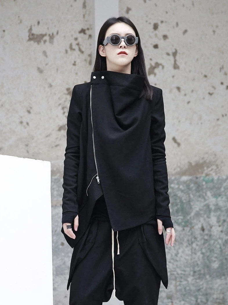 Greatest  [EAM] 2020 New Spring Stand Collar Long Sleeve Black Zipper Split Joint Irregular Jacket Women Coat