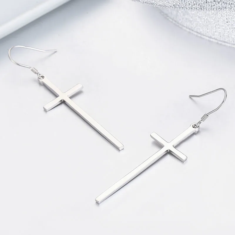 Real 925 Sterling Silver Long Cross Drop Dangle Hook Earrings For Women Girls Jewelry Gift Pendientes Aros Oorbellen Orecchini