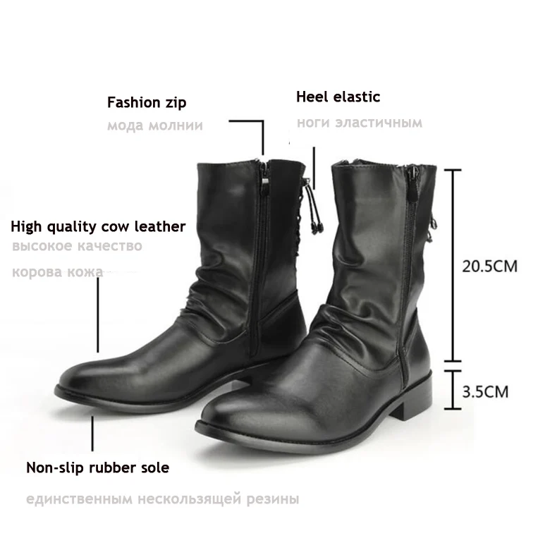 Men's Boots Men Desert Boot Mid-Calf Genuine Leather Boots Men's Zipper Men Winter Shoes Round Toe Motorcycle Boots' Army Black (2)