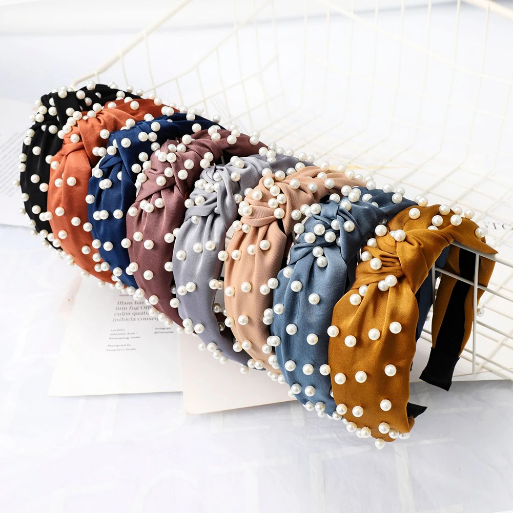 

Bohemian Solid Color Satin Knot Wide Hairband with Pearl Knotted Headbands Fashion Hair Hoop Headwear Girls Hair Accessories
