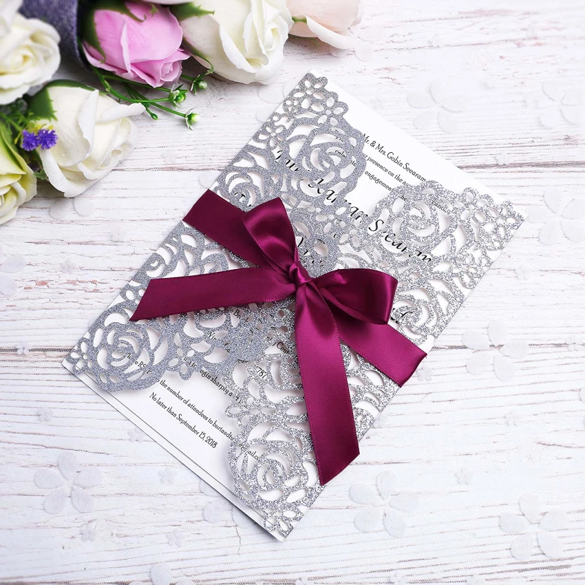 PONATIA 20 PCS Silver Glitter Laser Cut Bling Invitations Card With Ribbon For Wedding Bridal Shower Engagement Birthday