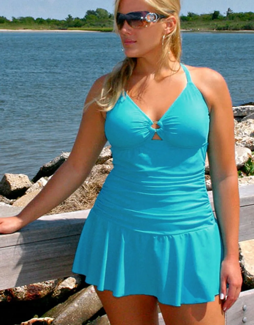 2016 Summer Large Size One Piece with skirt Blue Vintage