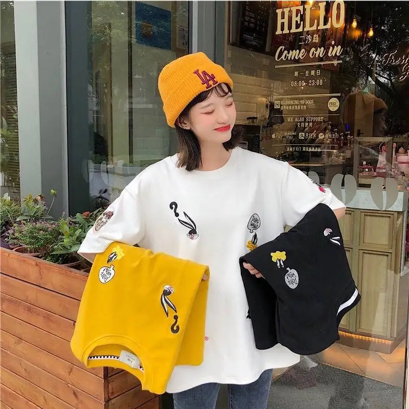 summer Women embroidery Loose t-shirt Casual Oversize T-shirt Femme Short Sleeve O-neck Tops Streetwear Harajuku Tshirts