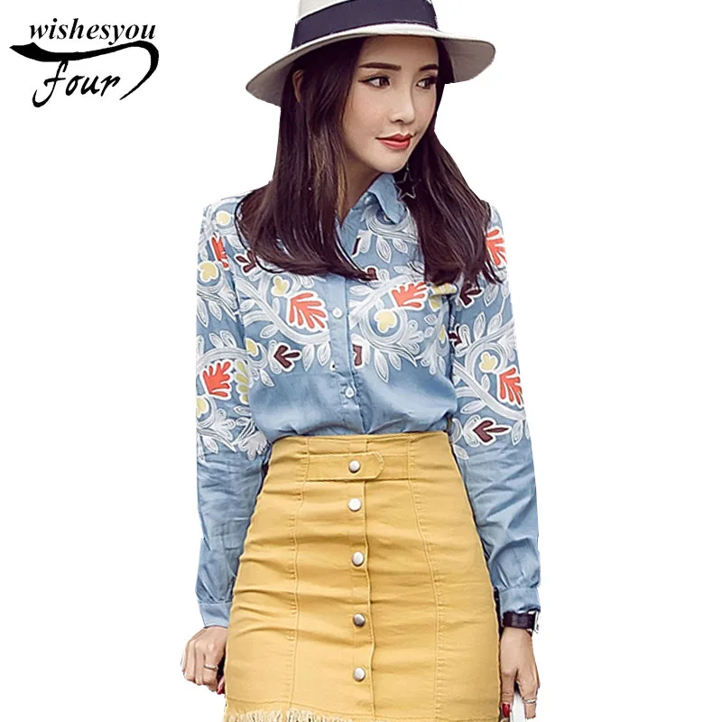 

2017 New sweet fashion Wisteria Print Long Sleeve women blouse Bunny Shirt casual print cowboy women Shirt Tops blouse 89G 30