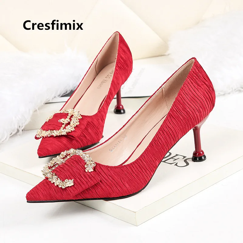 Women Fashion High Quality Red Crystal High Heel Shoes Female Casual Black High Heel Pumps Sweet Shoes Mujer Tacones Altos E3613