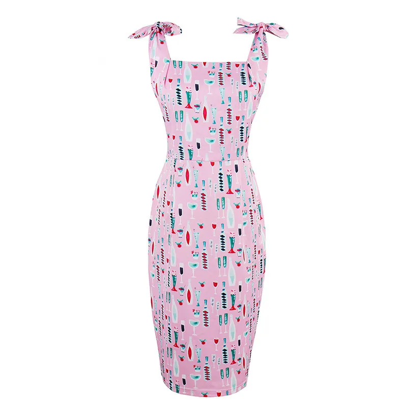 Summer Women Pink Dress Spaghetti Strap Dress Square Collar Print Sexy ...