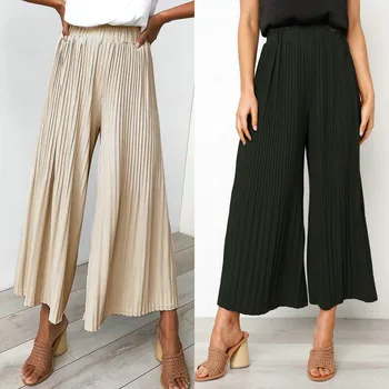 

2019 New Fashion Women Elastic Waist Wide Leg Pleated Pants Casual Loose Trouser